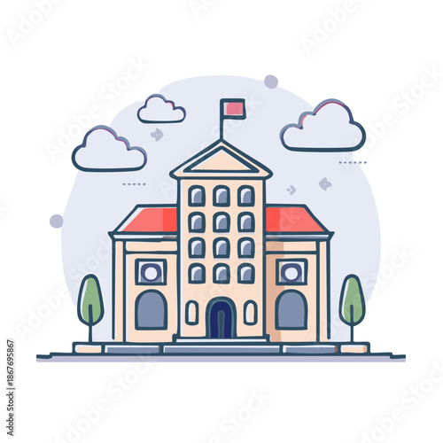 Cartoon Style Government Building With Flag and Clouds Flat Vector Illustration