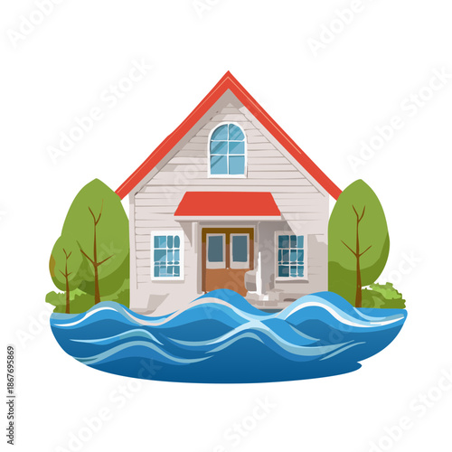 Flooded house surrounded by water depicting property damage and natural disasters, rising water levels affecting homes and families