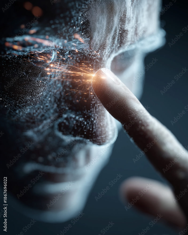 Fototapeta premium A person's face is shown with a finger pointing at a glowing spot