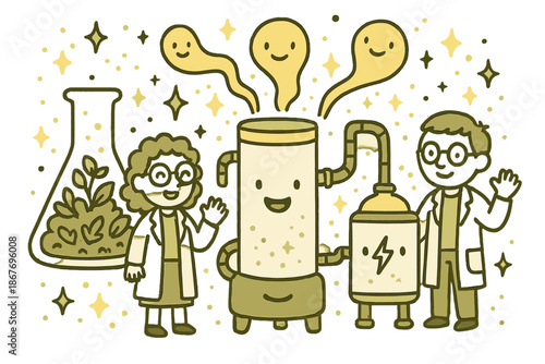 Cheerful Biomass Energy Lab. Magical doodle biomass-to-energy lab with smiling scientists, cartoon reactors with faces, cheerful