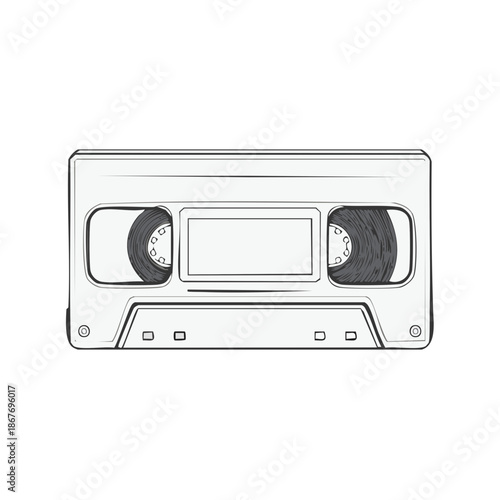 Retro Cassette Tape Illustration, Vintage Music Technology, Nostalgic Audio, Sketch Style, Media Recorder