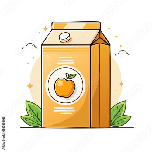 Cartoon fruit juice box illustration design of orange beverage container packaging with apple sticker and green leaves decoration element