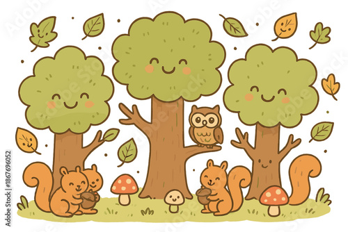 Whimsical Forest Friends. Cute doodle forest with happy trees, tiny mushrooms with faces, squirrels holding acorns, owls with wide