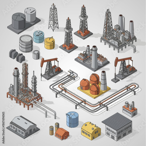 Oil Refinery Equipment and Infrastructure Illustration.