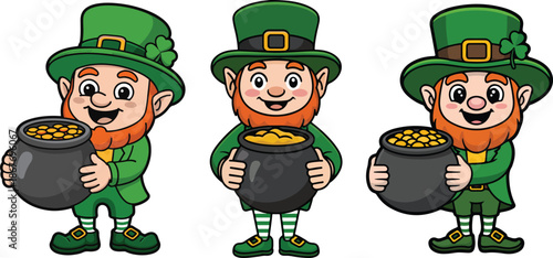 Cartoon leprechauns in green suits holding pots of gold coins  smiling and happy characters