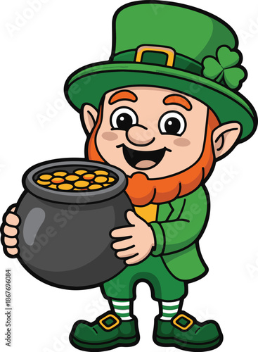 Smiling leprechaun holding pot of gold coins wearing green hat and suit on transparent background  St Patricks Day symbol with red beard and buckles