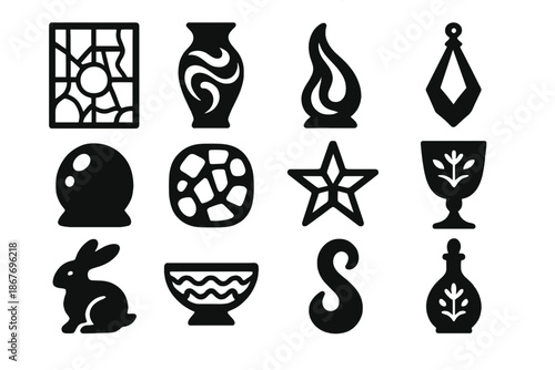 Decorative Glass Art Icons. Solid style icons of decorative glass art: stained glass panel, colorful vase, glass sculpture,