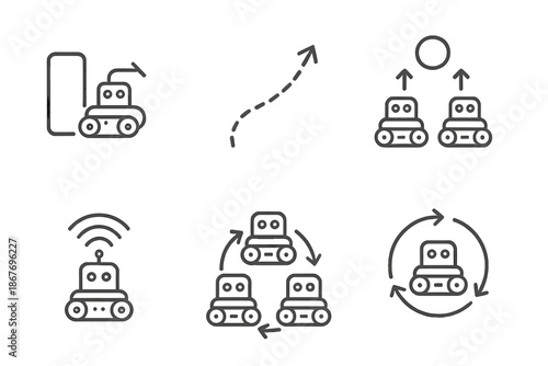 Swarm Behavior Icons. Line style icons of Adaptive Behavior in Swarms: obstacle avoidance, path recalculation, group decision node
