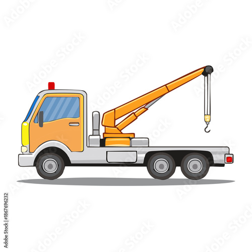 Cartoon style tow truck vector art illustration, roadside assistance vehicle with boom arm, transport and recovery service, isolated