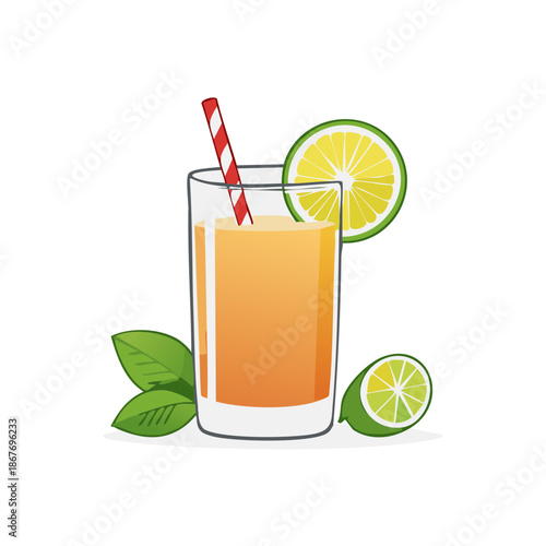 Vibrant citrus juice refreshing drink with lime garnish and striped straw cartoon style illustration