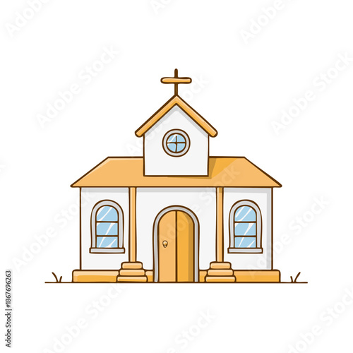 A cute church building illustration with a cross at the top in cartoon style.  Simple vector icon of christian temple. Architecture and religion concept.
