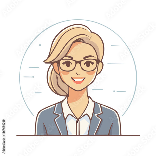 Smiling Blonde Woman Wearing Glasses and a Business Suit Poses for a Studio Headshot