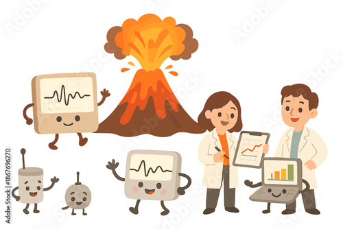 Dynamic Eruption Prediction. Predicting eruption scene with cheerful seismographs, playful sensors, and scientists working with