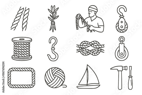 Rope Making Icons. Line style icons of Rope Making: Twisting Fibers, Hemp, Sailor's Craft, Coil; Rope Spool, Rigging Hook, Knot,