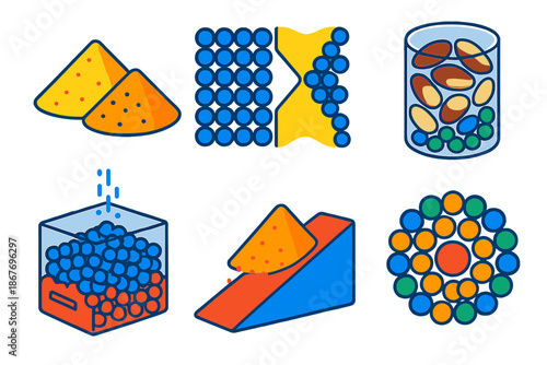 Granular Physics Illustrations. Isometric vector illustration set Physics of granular materials: sand piles, jamming transition