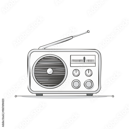 Radio receiver with antenna and buttons, a simple, graphic style illustration broadcasting device for listening to music and entertainment.