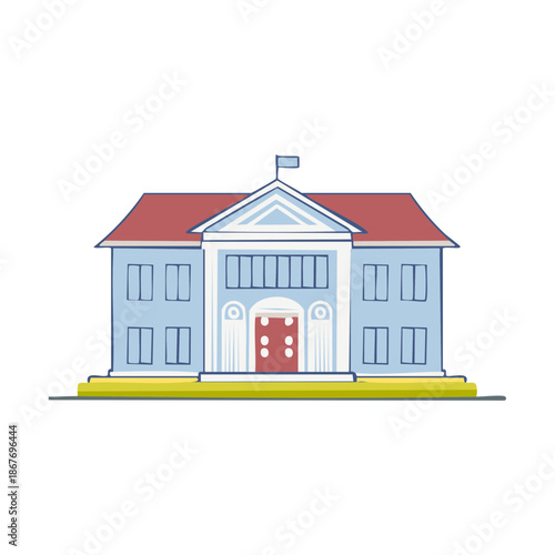 Illustration of a government building or courthouse with a red roof, stately facade and entrance.