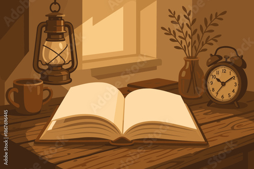Vintage Book Ambiance. Open book resting on a rustic wooden table surrounded by vintage decor, illuminated by warm natural light,