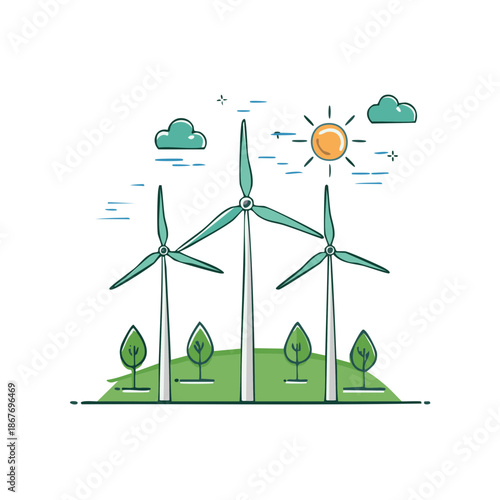 Wind Turbines on Hill with Sun and Clouds Renewable Energy Concept Illustration
