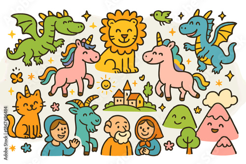 Mythical Creatures Parade. Cheerful doodle mythological creatures with happy dragons, unicorns, and hybrid animals, cartoon
