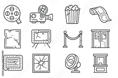 Abandoned Cinema Icons. Line style icons of derelict cinema: film reel, projector, popcorn bag, ticket roll; faded poster, neon