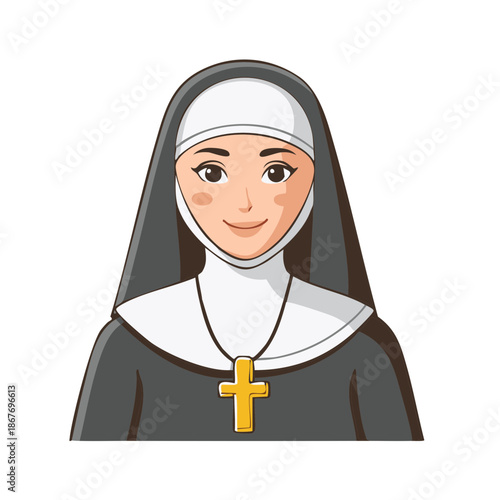 Smiling Nun Illustration with Rosary and Habit Isolated on White Background