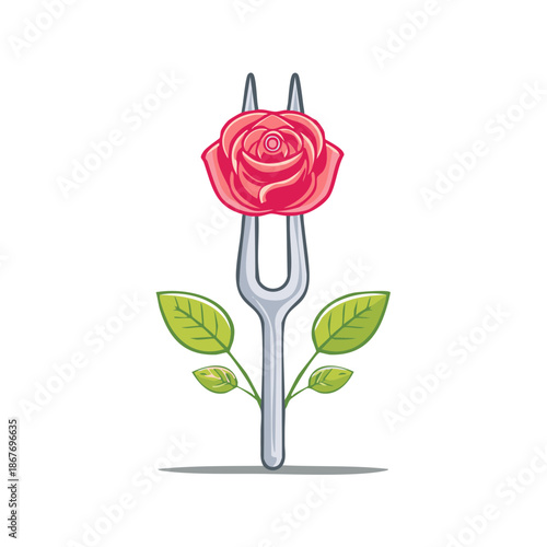 Rose flower illustration growing from a metal fork, concept of sustainable and environmentally friendly food or products