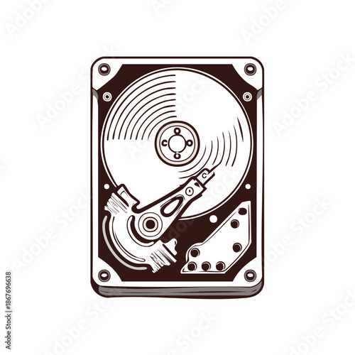 Hard disk drive sketch illustration with platter, head, and actuator arm in black outline style for information storage