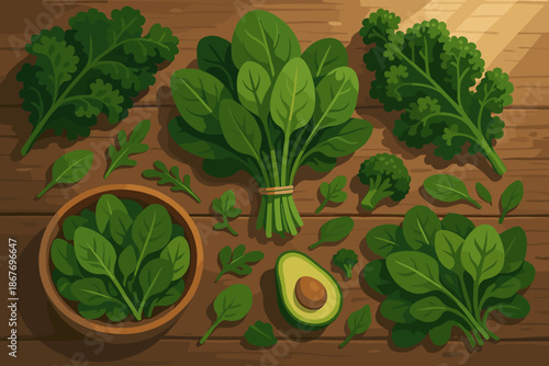 Organic Ingredients Spread. Rustic wooden table filled with fresh green vector illustration ingredients, including kale and