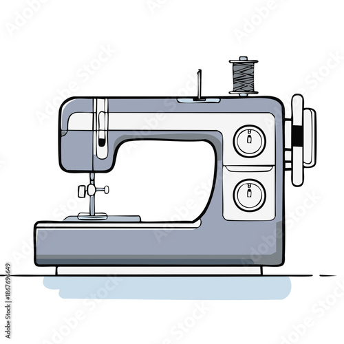 Vintage sewing machine sketch illustration with thread spool for tailor craft projects and apparel industry