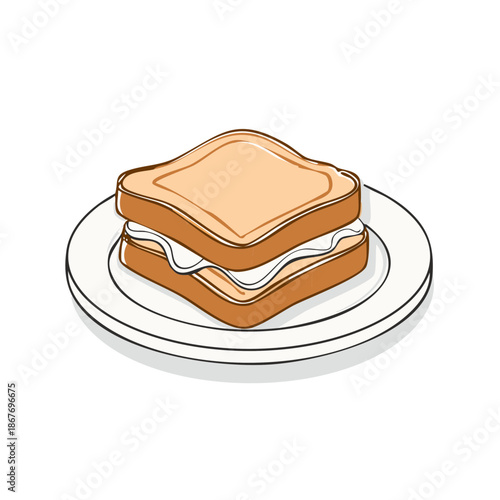 Tasty sandwich of toasted bread slices with white filling, served on a plate, simple vector cartoon food art