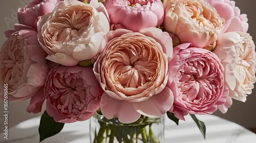 Pink Peonies in Glass Vase on Marble Table