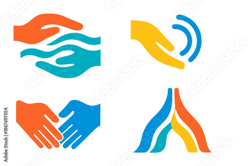 Icons of Teamwork. Flat vector icons of shared direction: hands forming river currents, fingertips releasing motion waves, smooth