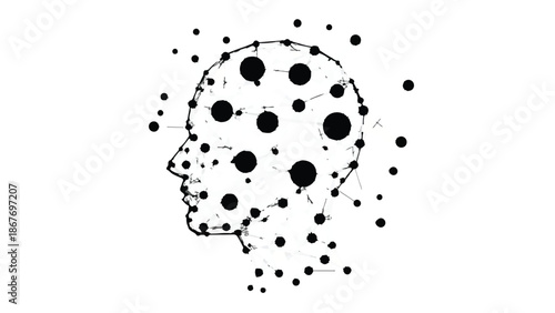 Digital human head illustration with dots and lines, representing technology and data connection, modern and futuristic concept