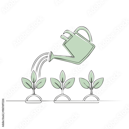 Watering plants with a watering can, simplistic line art illustration of gardening and growth.