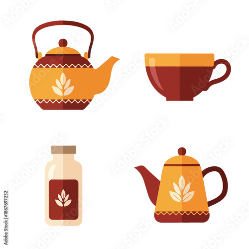 Vibrant tea and coffee set with modern design elements isolated on white background.