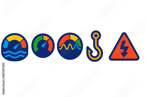 Memory Icon Set. Flat vector icons of remembrance instruments: flowing memory meter with ripple design, deep recollection gauge