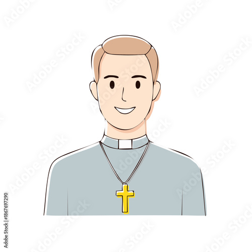 Illustration of a Smiling Priest with a Gold Cross Pendant around his Neck