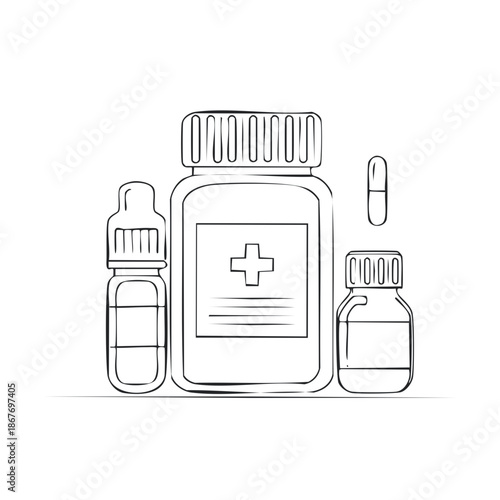 Medical bottles and capsule outline drawing on white surface for health service concepts, pharmaceutical medication, or science projects