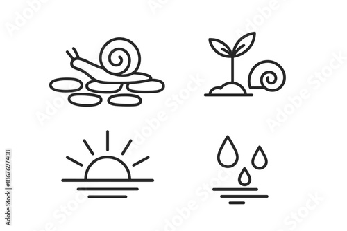 Nature's Steady Path. Line style icons of perseverance in nature: snail on stone path, tiny sprout beside shell, rising sun, dew