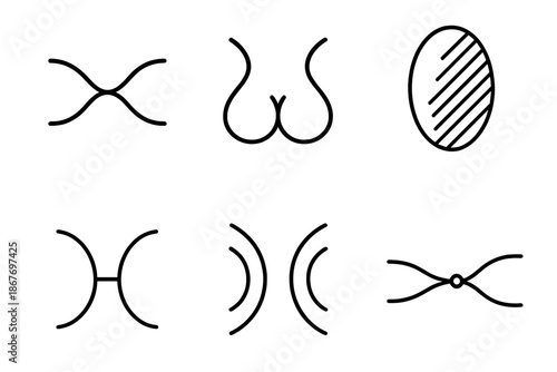 Fluid Blend Icons. Line style icons of smooth blend formation: curved merging shapes, balanced liquid junction, transition