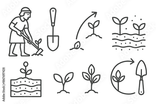 Cultivators Through Time. Line style icons of historical era cultivators: ancient gardener figure, vintage tool outline,