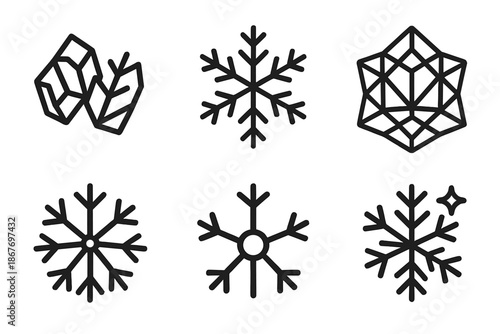 Crystalline Harmony. Line style icons of crystalline harmony: interlocked ice shapes, mirrored patterns, transparent structure web