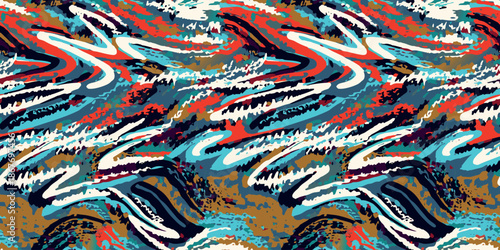 Seamless abstract graffiti vector pattern with energetic brush strokes in red, teal, white, black and golden brown colors