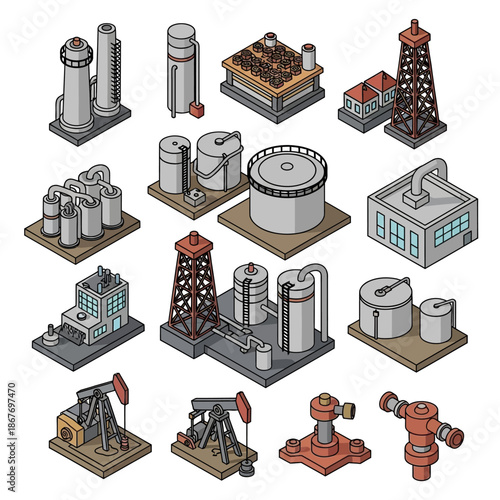 Oil Refinery Equipment and Machinery Icons Set.