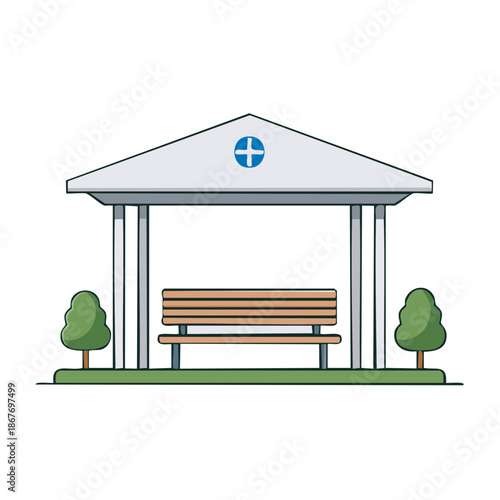 Covered outdoor bench seating area with trees; public park space or waiting shelter with simple architectural structure and cross detail illustration.