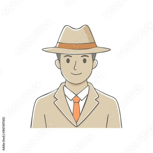 Cartoon illustration of a man wearing a fedora hat and suit, smiling character drawing