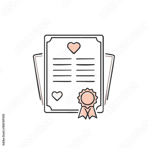 Wedding Certificate Icon with Hearts and Rosette Seal in Line Art Style