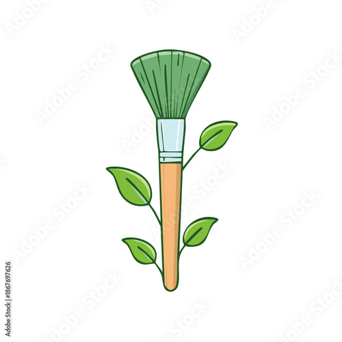 Stylized makeup brush with green bristles and leaves evokes natural cosmetics and sustainable beauty choices for eco conscious consumers