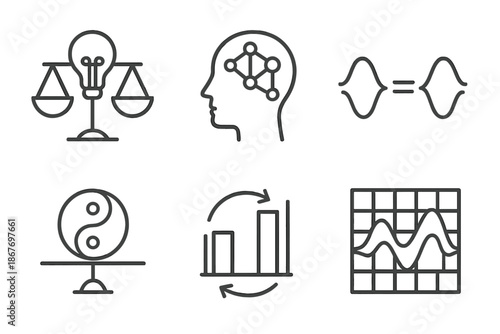 Imaginative Equation Icons. Line style icons of imagination equation balancers: creative scale symbol, abstract mind formula, wave